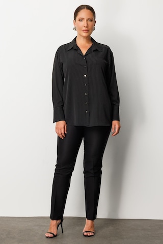 Moda İlgi Kadın Büyük Beden Simli Çizgili Gömlek 0034 Siyah Siyah