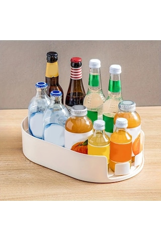 Honeybeeshop Bej Şeffaf Plastik Mutfak Depolama Tepsisı 360 Dönen Ayrılabilir Çok Bölmeli Raf Bej