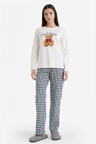 Defacto Pijama Takımı Regular Fit Ayıcık Baskılı Uzun Kollu Üst Kareli Uzun Alt G2169ax26spnv241 Lacivert-nv241