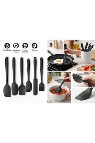 Isıya Dayanıklı Yanmaz Yapışmaz Silikon Spatula Seti 6 Parça Siyah Mat Siyah