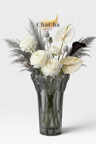 Chacha Home Kristal Dekoratif Cam Vazo Modern Salon & Konsol Aksesuarı 19x13 Cm Füme