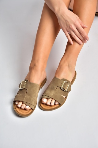 Fox Shoes Y944791002 Vizon Hakiki Deri Süet Kadın Terlik