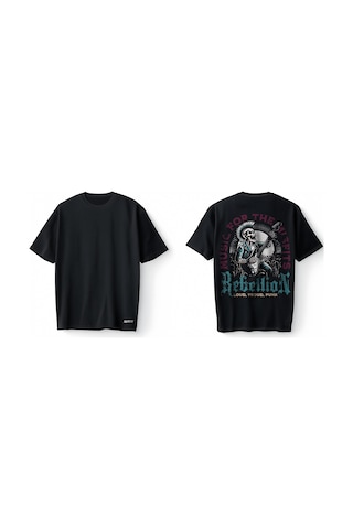 Bumeta Punk Rock İskelet Gitar Baskılı Oversize Unisex Tişört T-shirt Siyah