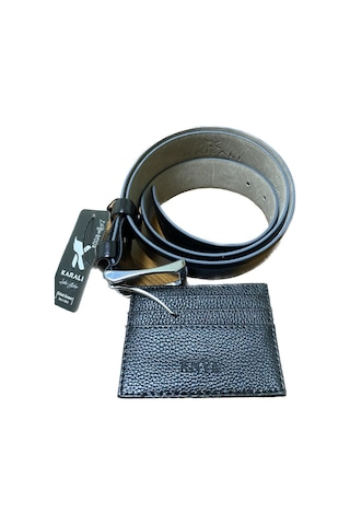 Karalı Erkek Siyah Klasik Desensiz Takım Elbise Kemeri + Kartlık 2083-1-125 Cm 001