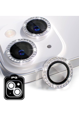 Apple Uyumlu iPhone 14 / 14 Plus İçin Ipg Kamera Lens Koruyucu - Taşlı - Gümüş
