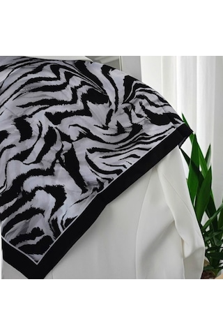 Lente Aksesuar Kadın Çok Renkli Sanatsal Çizgili Premium Kalite İpek Saten Fular 55x55cm Zebra Desen