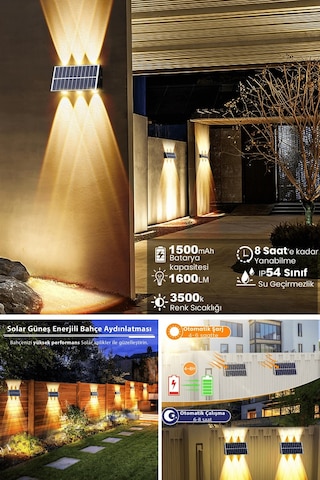Trendpoint 2adet Solar Çift Taraflı 6ledli Aplik Sarı Işık Duvar Lamba Bahçe Aydınlatma Güneşle Şarj