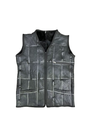 Patchwork Içi Kürk-Dışı Süet Hakiki Deri Biye Detaylı Yelek Siyah