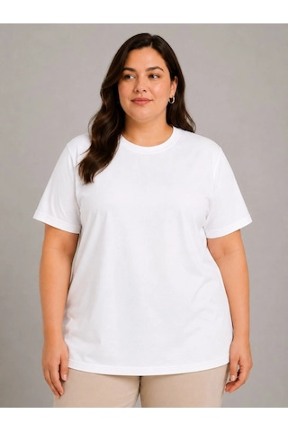 Wear Vexel Kadın Battal Big Size Basic Tişört Bisiklet Yaka Rahat Kalıp T-shirt - Beyaz Beyaz