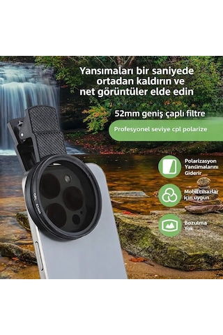 52mm Ultra Clear Cpl Polarize Filtre Klipsli Telefon Lens Yansıma Azaltıcı Siyah