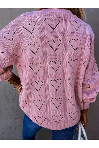 Pazarella Kadın Uzun Kollu V Yakalı Kalpli Salaş Triko Bluz Pembe