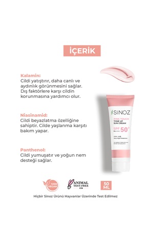 Sinoz Pink Touch Spf 50 Cilt Aydınlatıcı Ton Eşitleyici Pembe Yüz Tüm Ciltler İçin Güneş Kremi 50 ML