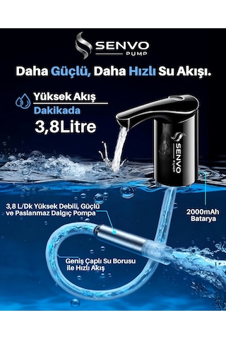 Senvo Pump Damacana Su Pompası Hızlı Dolum, Ultra Sessiz, Tek Şarjla 15 Damacanaya Kadar Siyah