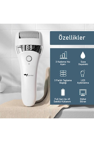 Valkyrie Şarjlı Elektrikli Topuk Törpüsü Ayak Bakım Cihazı 3 Başlıklı Suya Dayanıklı Dijital Ekranlı