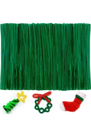 25'li Yeşil Renkli Şönil, Eğitici Şönil Seti, Tüylü Tel, 30 Cm, Peluş Tel