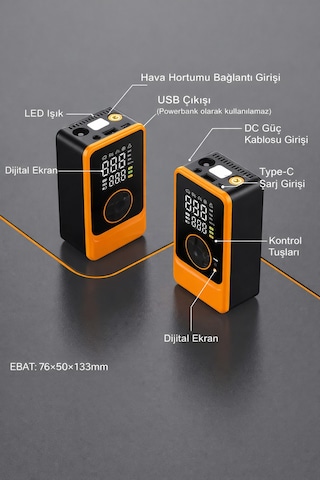 80w Şarjlı Mini Hava Kompresörü Dijital Lastik Şişirme & Basınç Ölçer Led Işıklı