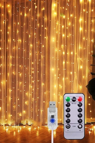 2x2 Metre Usb'li 8 Animasyonlu Uzaktan Kumandalı Gün Işığı Peri Tel Led Perde Sarı