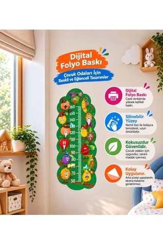Çocuk Odası Boy Ölçer, Meyveler Tasarımlı Duvar Stickerı Folyo Baskı, Dekoratif Boymetre