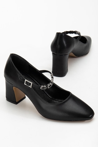 Kadın Stiletto Topuklu Ayakkabı Siyah Suni Deri Baret Taşlı Kalın Topuklu-4171 Siyah