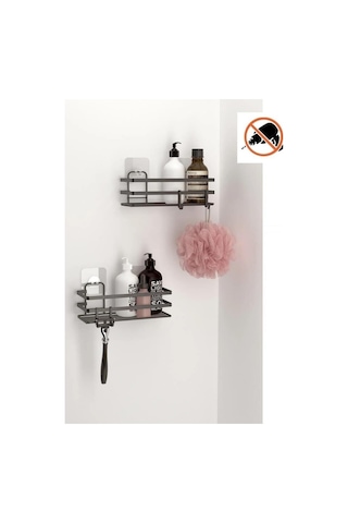 Tekno Tel St-281 Yapışkanlı 2'li Siyah Banyo Rafı Kancalı Deliksiz Duş Şampuanlık Organizer Siyah