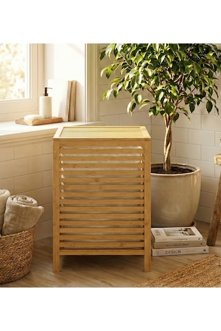 Bambu Kirli Banyo Çamaşır Sepeti İki Bölmeli Dekoratif Kare Doğal Bambu 45 45 63cm Kahverengi