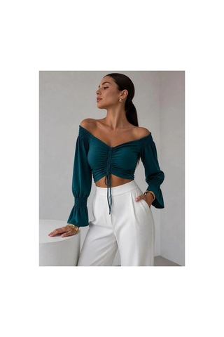 Angbutik Kadın El Emeği Kayık Yaka Büzgülü/fırfırlı Kol Crop Bluz ZÜMRÜT