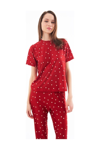 Premium Kadın Pijama Takımı Kırmızı Kalp Desenli Yumuşak Dokulu Kısa Kollu Bisiklet Yaka Kırmızı