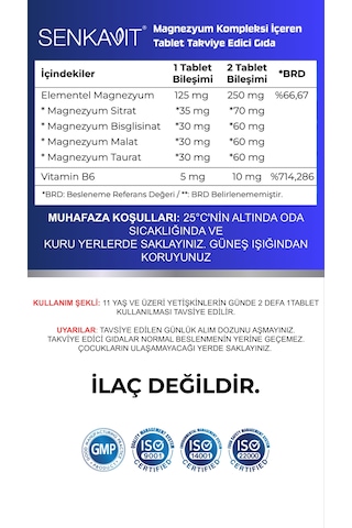 Senkavit Magnezyum Kompleks 120 Tablet 250 Mg 4 Form, Sitrat, Taurat, Malat, Bisglisinat, B6