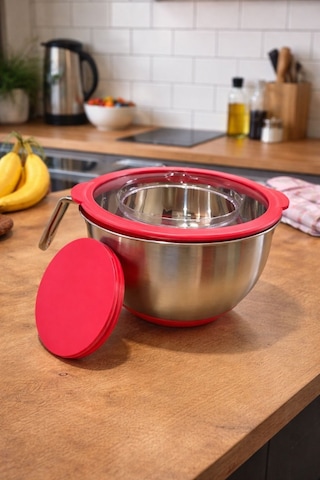 Qerhome Paslanmaz Çelik Kapaklı Karıştırma Kabı Kaymaz Tabanlı Ve Ölçü Çizgili Mikser Kabı Kırmızı 22 Cm