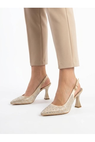 Asmi Shoes Kadın Monica Taşlı Bej Saten 7 Cm İnce Topuklu Ayakkabı & Stiletto