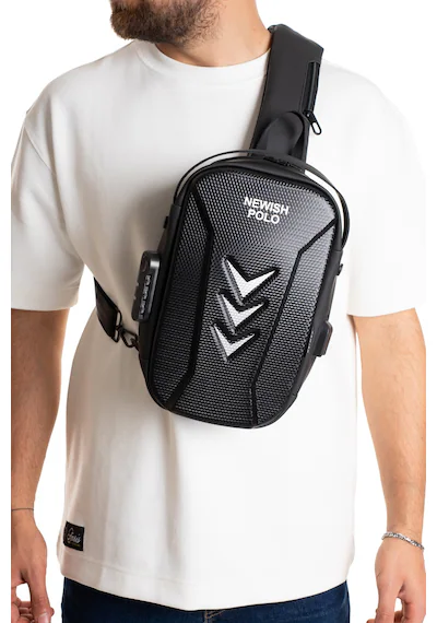 Newish Polo Erkek Şifreli Kilitli Çapraz Omuz Ve Sırt Çantası Suya Dayanıklı Siyah Usb Çıkışlı Siyah.