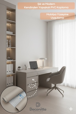 Deconitte Premium Kendinden Yapışkanlı Mat Bej Renk Pvc Mobilya Dolap Tezgah Duvar Kaplama Dekoratif 60x100cm