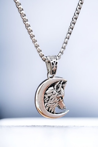 Ak Store Silver Gümüş Kaplama Krom-Çelik Erkek Kolye Madalyon Hilal İçinde Bozkurt Gümüş