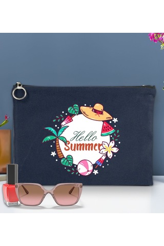 Bk Gift Yaz Temalı-4 Astarlı Lacivert Portföy Çanta 30x21cm, Baskılı El Çantası, Organizer Çanta