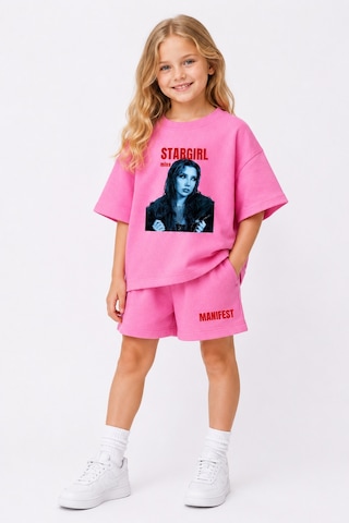 Fasardi Manifest Girls Mina Baskılı Oversize %100 Pamuk Tişört Şort 2li Çocuk Takım Pembe