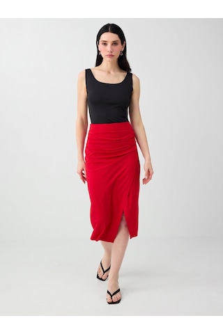 Jimmy Key Jimmy Key Kırmızı Yırtmaç Detaylı Drapeli Midi Örme Etek 6sw077422600