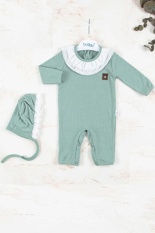 Baby Donat Brode Nakışlı Şapkalı % 100 Pamuk Kız Bebek Tulumu Yeşil