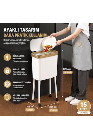 15 Litre Ayaklı Çöp Kovası Kapaklı Tekerlekli Mutfak Banyo Ofis Çöp Kutusu
