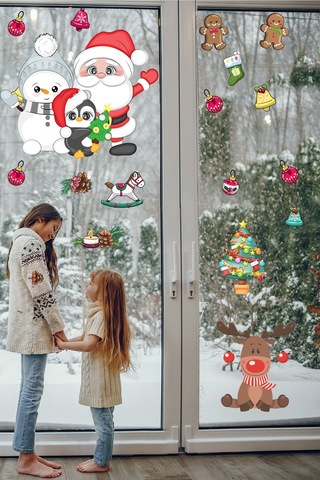 Sevimli Kardan Adam Noel Baba Ve Geyik Temalı Yılbaşı Pencere Sticker