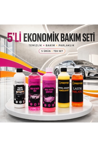5 Li Ekonomik Araç Bakım Ve Temizlik Seti Şampuan, Hızlı Cila, Plastik Yenileyici, Genel Temizleyici Ve Lastik Parlatıcı