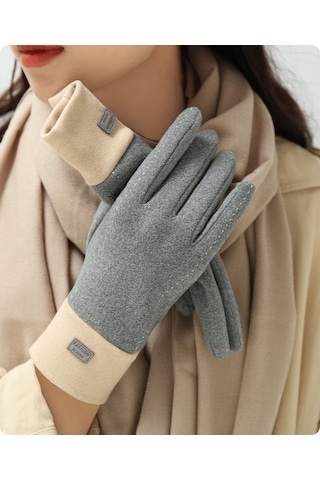Cbtx Dokunmatik Özellikli Şık Mode Kadife Sıcak Soğuk Dayanıklı Kadın Eldiven Gri
