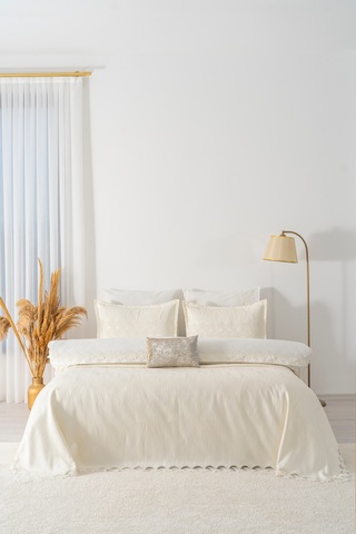 İlay Ekru Nakışlı Çift Kişilik Nevresimli Pike Seti - 8 Parça Çeyiz Seti Ekru