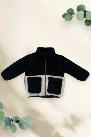 Kız Çocuk Peluş Siyah Ekru Cepli Fermuarlı Welsoft Kışlık Mont Siyah