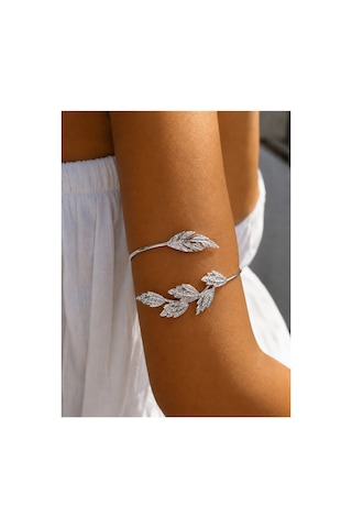 Dryas Gri Yaprak Figürlü Gümüş Renkli Kol Takısı Üst Kol Bileziği Bohem Spiral Kolluk Silver Pazu Takısı Kırmızı