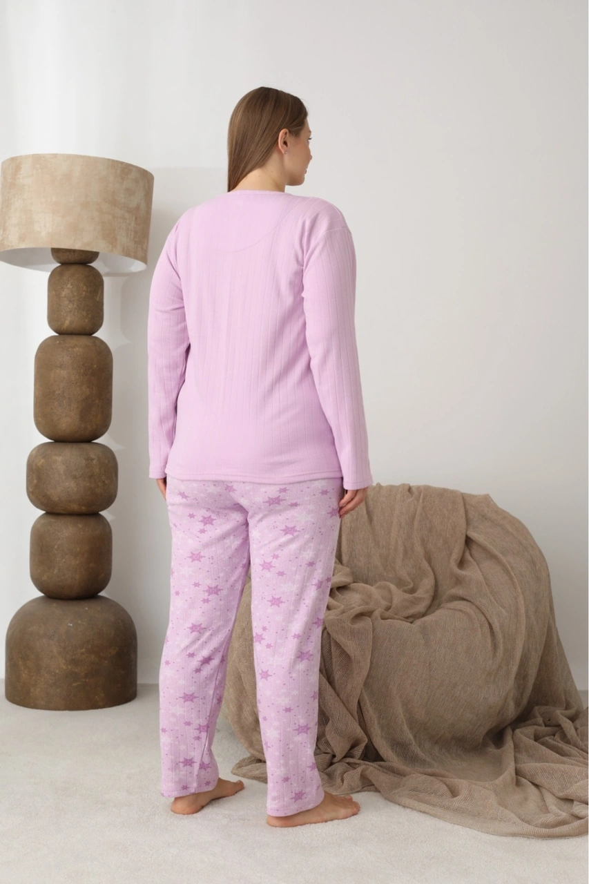 Lukitus İnterlok Pamuk Battal Büyük Beden Kadın Pijama Takımı Lila