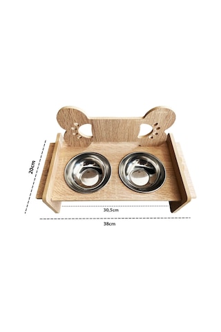 Ahşap Çiftli Kedi Köpek Mama Su Kabı 38 x 20 CM Model 2
