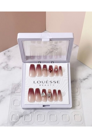 Louésse Burgundy Fade Takma Tırnak 12 Li Bordo Geçişli Taşlı Nail Set