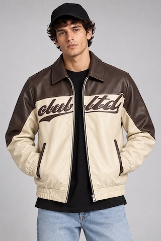 Maison Rae Erkek Krem, İçi Kürklü, Çift Renkli, Yazı Detaylı,oversize Suni Deri Bomber Ceket