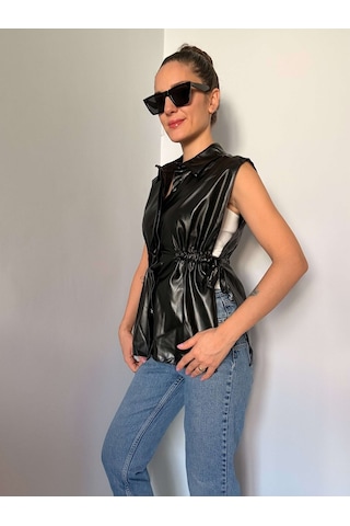 Ali Butik Siyah Yandan Bağlama Detaylı Deri Yelek Siyah