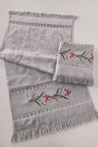 Gül Nakışlı Jakarlı Kadife El Yüz Havlusu - 50x90 Cm-gri Grı Gri